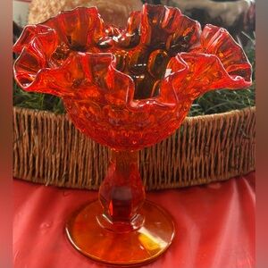 Vintage Fenton Amberina Ruffled Glass Thumbprint Pedestal Compote- UV Reactive!